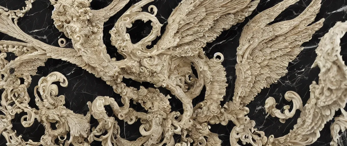 Image similar to carved black marble mechanical sculpture wearing hard surface armour, subtle gold accents, frontal view, ivory rococo, wings lace wear, hyper detailed, insane details, intricate