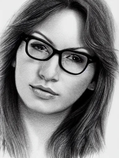 Prompt: highly detailed pencil sketch portrait of a beautiful woman with big eyeglasses that are way to large for the cute face, sharp focus