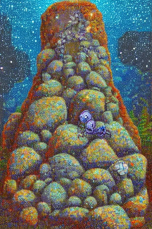 Prompt: a night time scene with a big pile of rocks in the shape of a character, decorated with transparent insects emitting light, pointillism, oil on canvas, game aesthetic