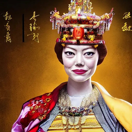 Prompt: full portrait of emma stone dressed as a chinese queen pre - era, hyper detailed, award winning