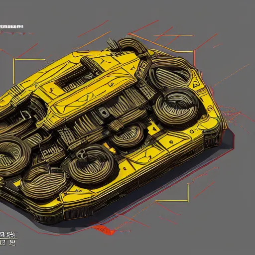 Image similar to annotated highly detailed and intricate 4 5 degree isometric cross section of mad cat mecha marker concept art style render : : metalic yellow and brown : :