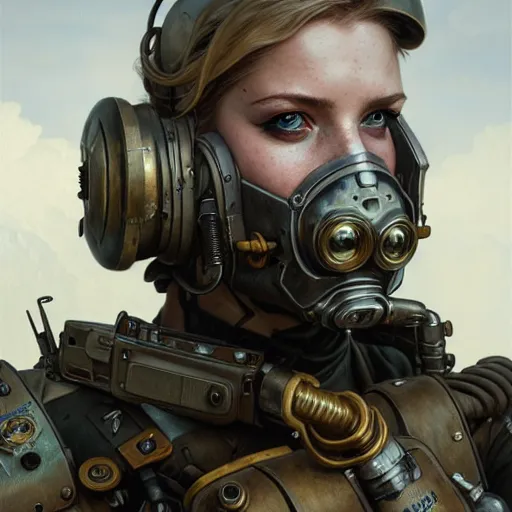 Image similar to portrait painting of a post - apocalyptic blonde soldier wearing dieselpunk power armor, ultra realistic, concept art, intricate details, eerie, highly detailed, photorealistic, octane render, 8 k, unreal engine. art by artgerm and greg rutkowski and charlie bowater and magali villeneuve and alphonse mucha