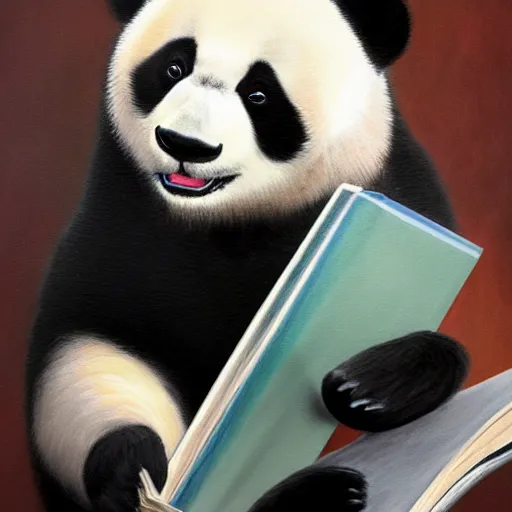 Prompt: Oil Painting of an anthropomorphic Panda Bear Holding a book and a pair of dividers in a science-lab with fantastic creations around him, concept art, highly detailed, hyperrealism, 4k rendering - C 9