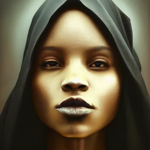 Image similar to a portrait of a young black woman wearing a long dark cloak, hood and shadows covering face, anatomically correct, beautiful perfect face, enigmatic, oil painting, matte painting, black background, Volumetric dynamic lighting, Highly Detailed, Cinematic Lighting, Unreal Engine, 8k, HD, by Beksinski