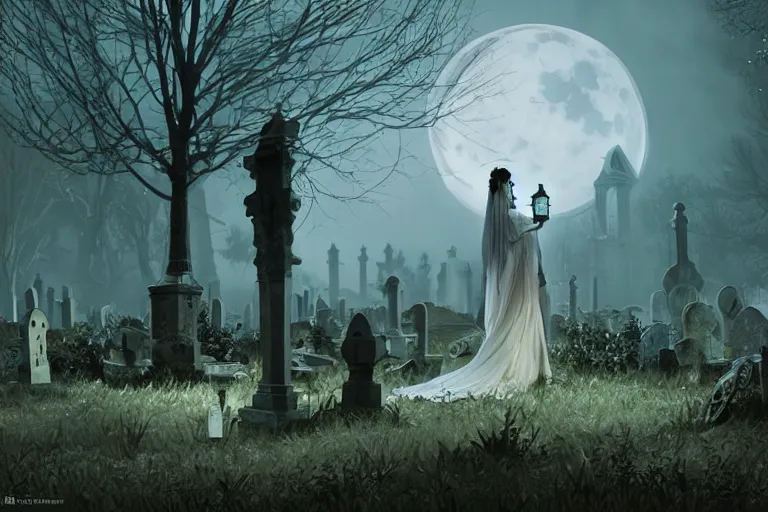 Prompt: an ultra detailed animation of an invisible ghost bride in a graveyard at midnight on halloween, digital art, dark fantasy, concept art, soulslike, by alphonse mucha, blood moon eclipse, ruined building in the background, artstation, 8 k, unreal engine render