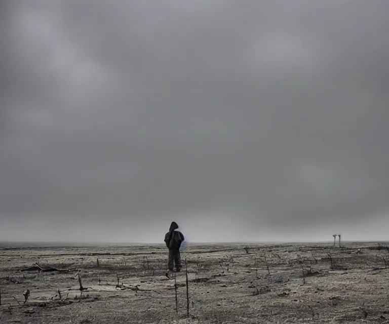 Image similar to waiting for the end of the world, bleak, dreary, grey skies, apocalyptic