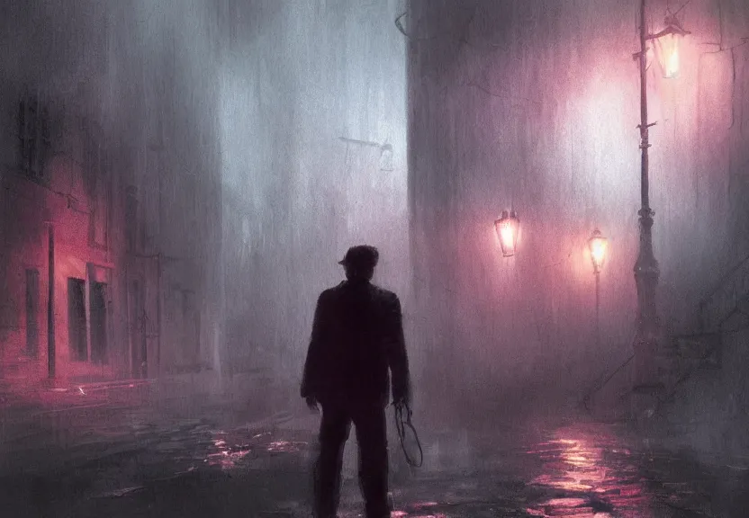 Prompt: painting of the figure of a man in a haunting scenery during the 1 9 8 0's, stephen king inspired, the it, high contrast, concept art, fully colored, purple filter, neon, dramatic lighting, digital art, 8 k, arkham city, call of cthulhu, extremely detailed, drawn by ruan jia