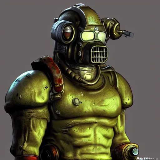 Image similar to fallout concept art green supermutant render grim realistic lighting unreal engine 5