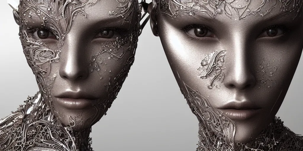 Prompt: hyper realistic photography of a beautiful cyborg female, intimately holding close, chrome finish intricate filigree, in the style of beth cavener, jin kagetsu, wlop, highly detailed, symmetry, masterpiece, concept art, ringflash, highkey lighting, ambient lighting, octane render, 8 k, artstation