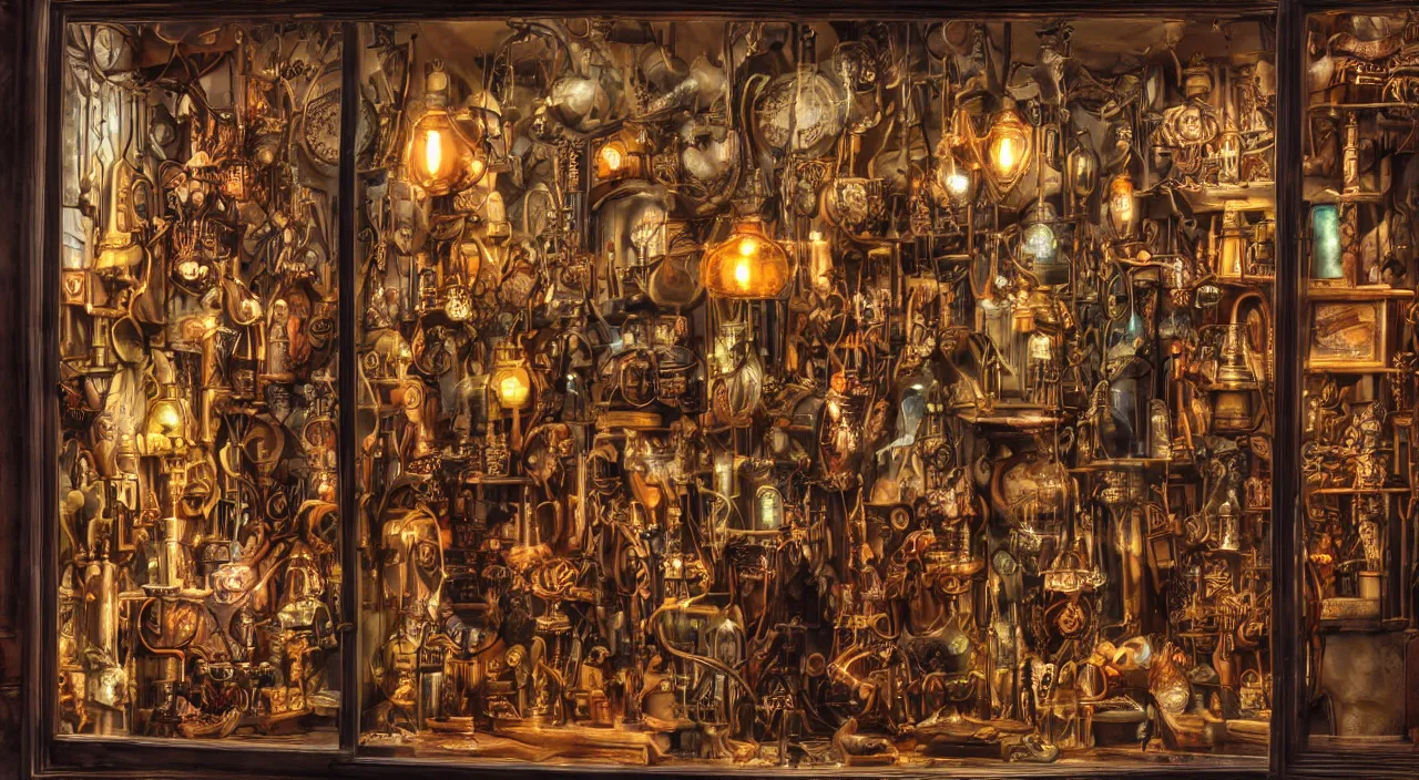 Image similar to steampunk shop window by don bluth, darkness, neon lights, photo realistic, completely filled with interesting oddities, things hanging from ceiling, light bulbs, cinematic