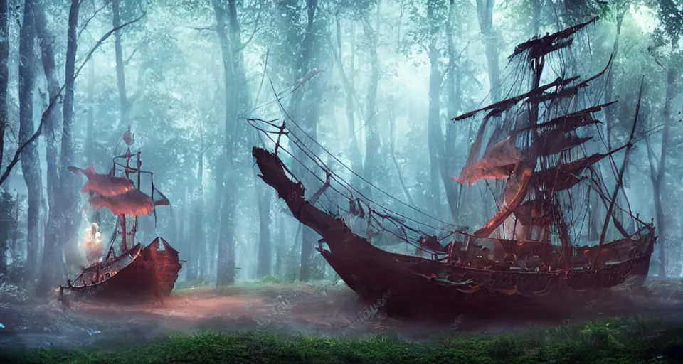 Image similar to a pirate ship in the middle of a forest, atmospheric lighting, realistic