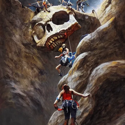 Image similar to groups of adventurer rock climbers climbing a giant ancient dragons skull, very detailed, fantasy art, dungeons and dragons, belaying, ropes, equipment, landscape, cover of national geographic