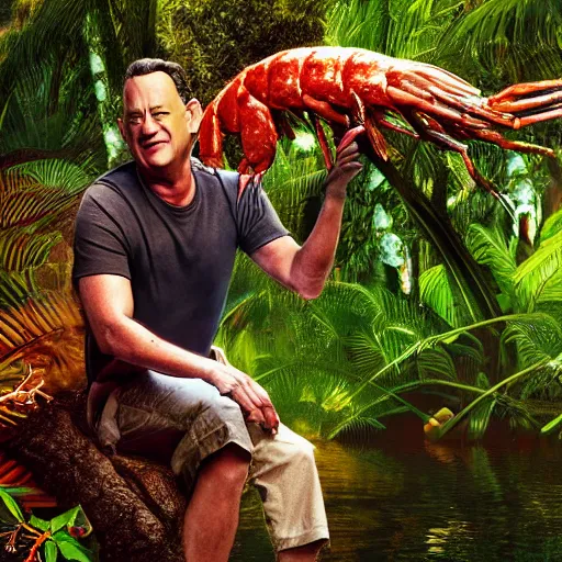 Prompt: Tom Hanks as forrest gump riding a giant shrimp in the jungle, digital art, photoreailstic, amazing detail