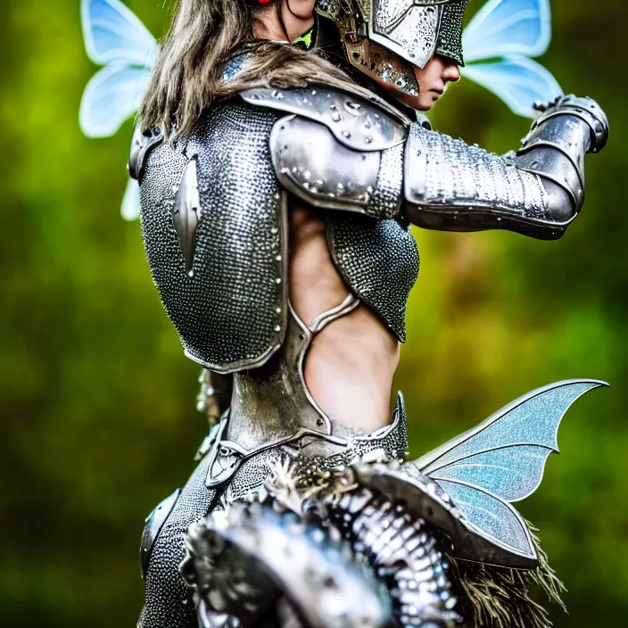 Image similar to full body photo of a fairy warrior wearing sparkly armour, highly detailed, 4 k, hdr, smooth, sharp focus, high resolution, award - winning photo