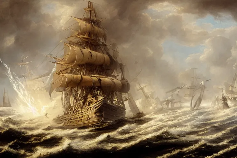 Prompt: Giant squid drags a ship into the ocean. A second ship targets the squid with cannon fire. painting by Louis Philippe Crepin. smoke and flashes from cannon fire. 8k octane beautifully detailed render, post-processing, extremely hyper-detailed, intricate, epic composition, highly detailed attributes, highly detailed atmosphere, cinematic lighting, masterpiece.
