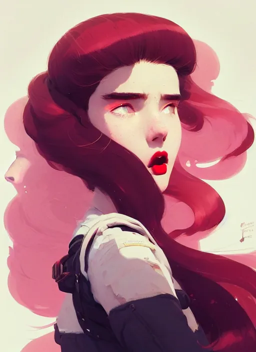 Image similar to highly detailed portrait of camber 2 with scarlet lips making a pogchamp face, poggers, photographic realistic background, ringlet hair by atey ghailan, by greg rutkowski, by greg tocchini, by james gilleard, by joe fenton, by kaethe butcher, gradient pink, black, cream and white color scheme, trending in instagram, award winning details