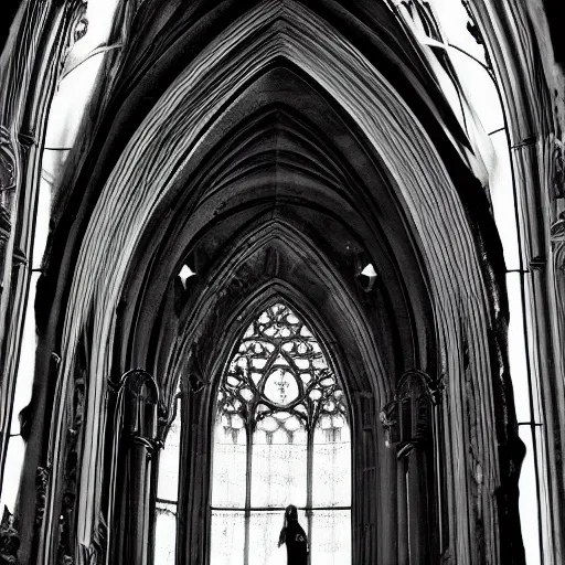 Image similar to black and white movie shot, landcape, architectural shot, no decaying lines, background of an alabaster gothic cathedral, with long ephimeral windows with reflection of flames, as subject a gothic woman with an intricate arabesque detailed black dressed, macro head face