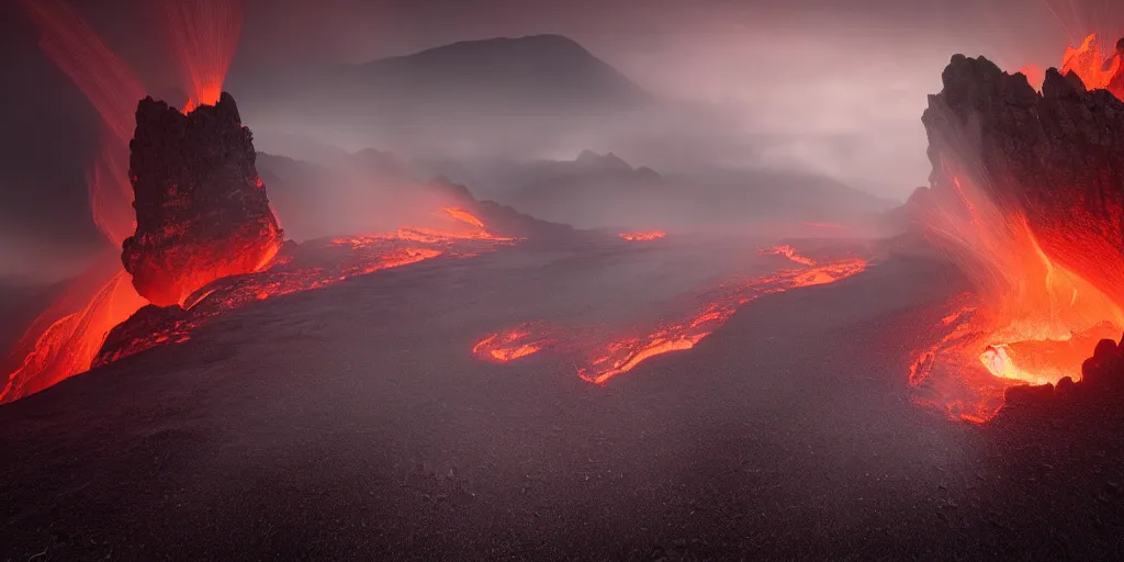 Prompt: landscape photography by marc adamus, lava lake, dramatic lighting, volcanoes, smoke, beautiful, reflections, shadows, greg rutkowski
