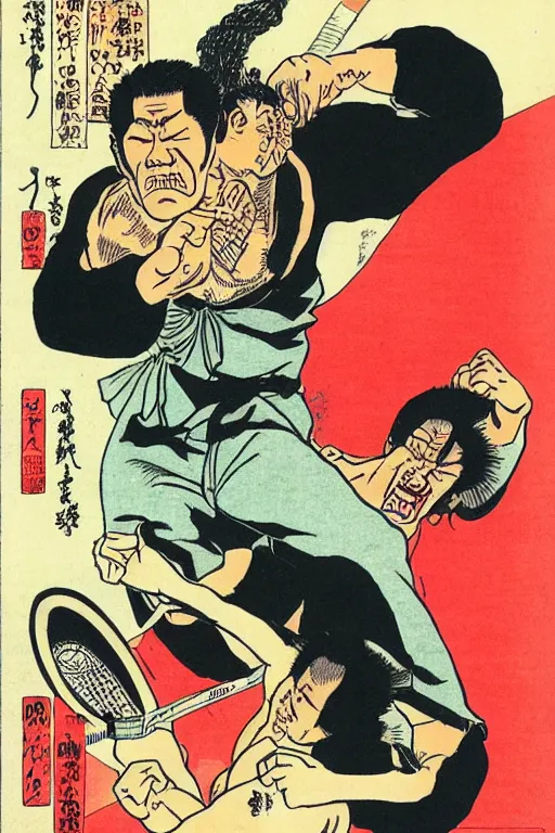 Prompt: antonio inoki crushes a bus with his bare hands, ukiyo - e art by ed roth and basil wolverton ), crisp