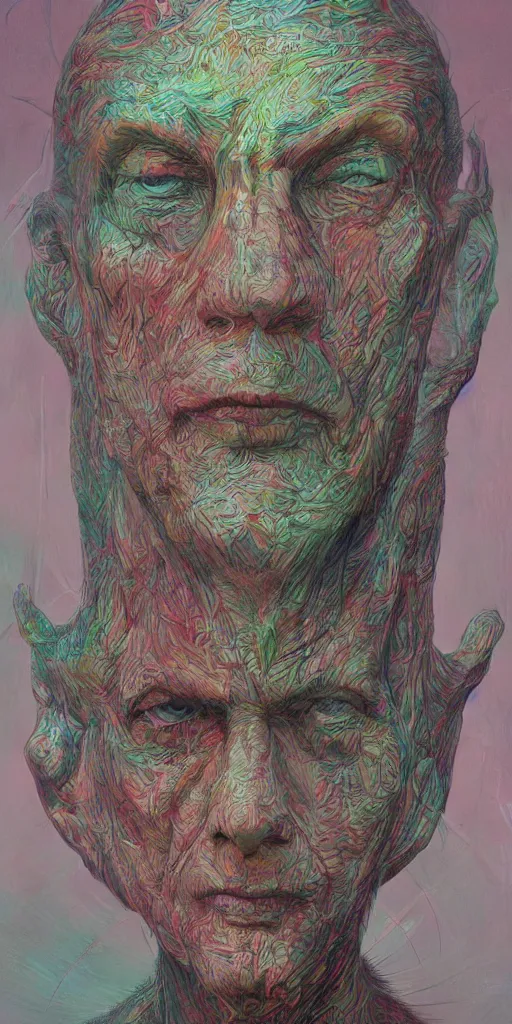 Prompt: portrait of a one man in the style of android jones and zdzislaw beksinski