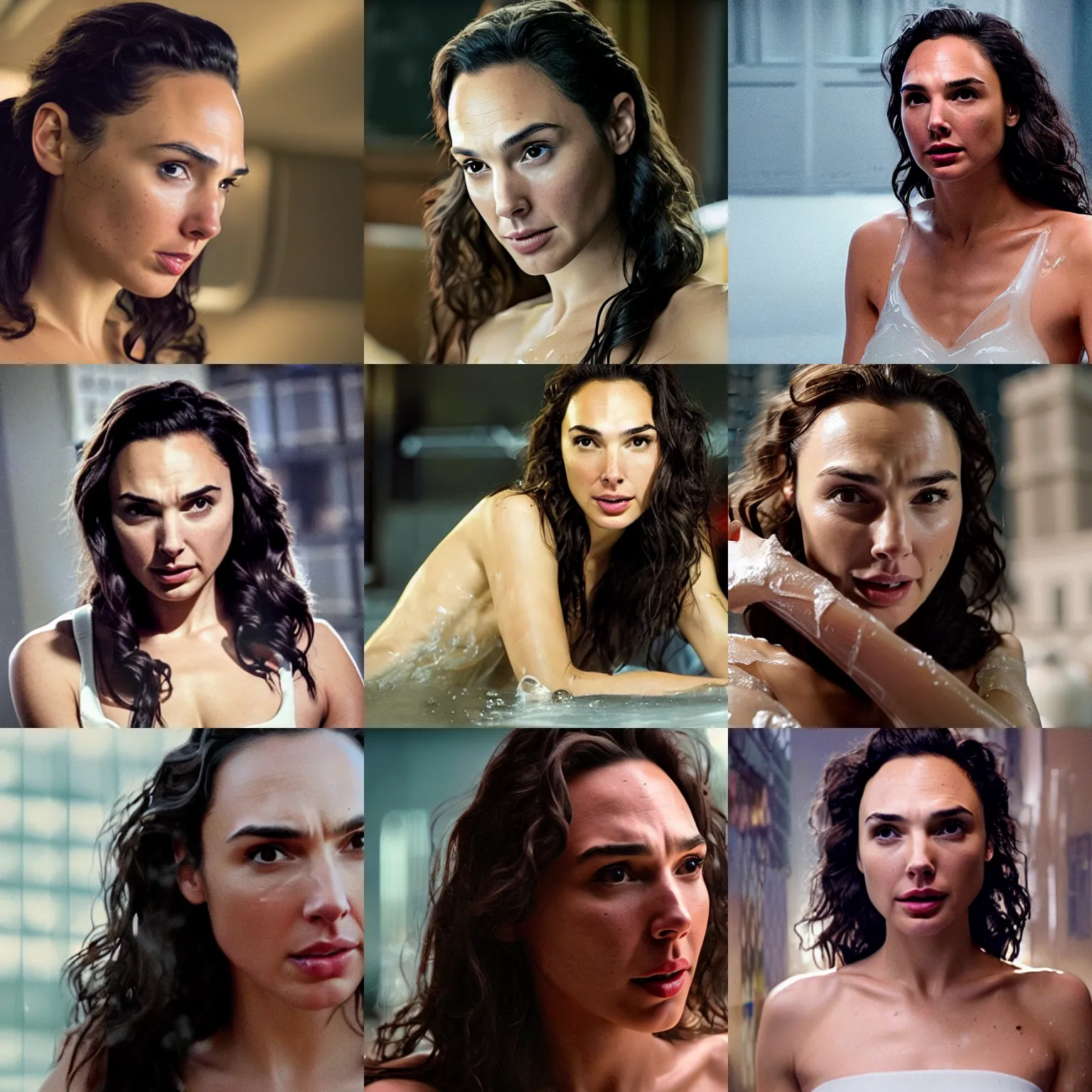 Prompt: a cinematic film still of gal gadot, with a whitish, sticky liquid that has a jelly - like texture that is dripping off of her face. viscous, her face is coated in a whitish, sticky liquid that has a jelly - like texture. 2 0 2 2