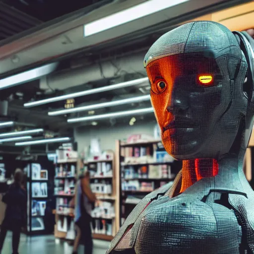 Image similar to photo of a human cyborg!! in sale, in a store display, hiding a dark secret, highly detailed face, cyberpunk, year 3022, !!!medium full shot!!!, depth of field, ISO 300, aperture f11, 1/100 obturation speed
