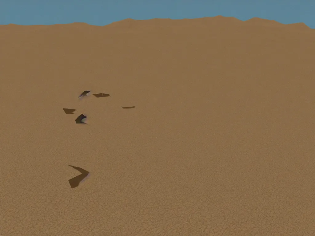 Prompt: Dune by Villeneuve as a PS1 third person video game, low poly