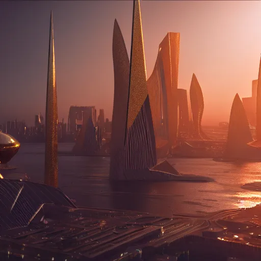 Image similar to a golden fantasy sci fi luxurious city with cerulean oceansides, scandinavian / norse influenced, cinematic, ray traced, octane render, cinematic lighting, ultrarealistic, featured on artstation, 8 k uhd artwork