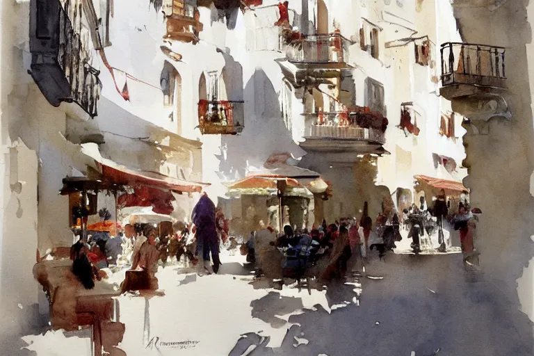 Image similar to abstract watercolor painting of spanish street, white buildings, summer, magical and traditional, cinematic light, french cafe, sharp shadows, daylight, national romanticism by anders zorn, by greg rutkowski, by greg manchess