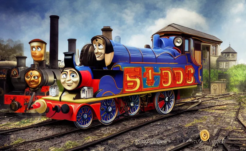 Prompt: A steampunk re-imagination of Thomas the tank engine train, modern digital art