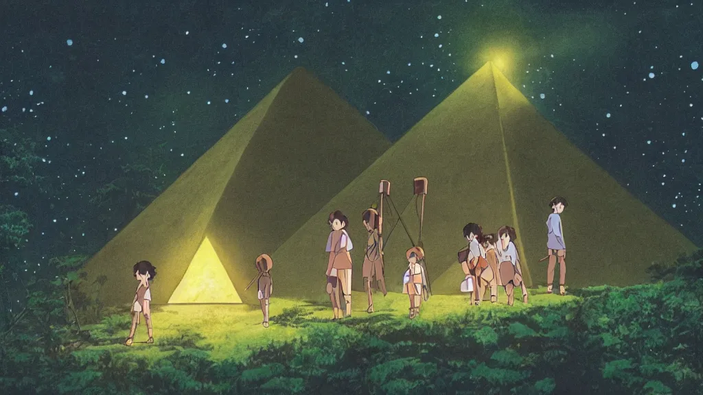 Prompt: a movie still from a studio ghibli film showing a glowing pyramid in the rainforest. a group of heroes train martial arts on a misty starry night. by studio ghibli