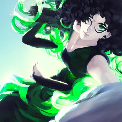 Prompt: tatsumaki from one punch man, green wavy hair, black dress, fine details, digital painting, pretty face, sharp focus, light and shadow effects, dynamic pose, by cushart krenz, by makoto shinkai