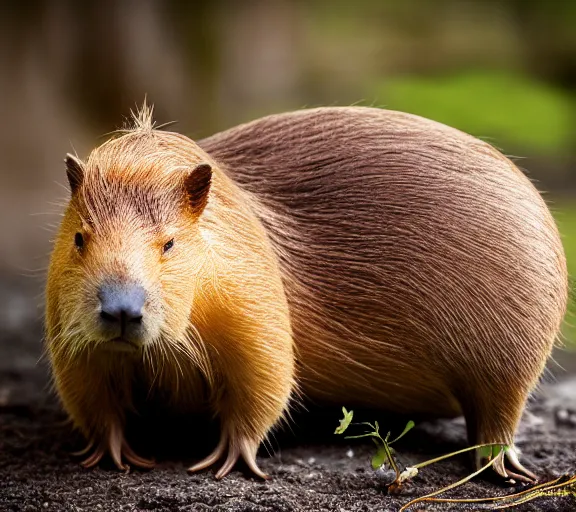 Image similar to a portrait of capybara with a mushroom cap growing on its head by luis royo. intricate. lifelike. soft light. sony a 7 r iv 5 5 mm. cinematic post - processing