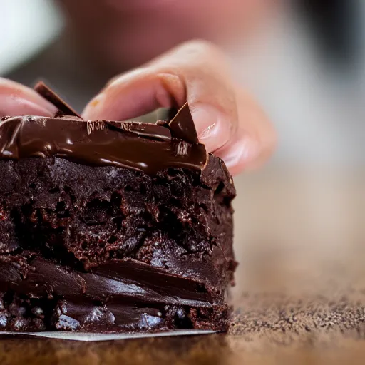 Image similar to a 5 0 mm macro shot of a man eating chocolate fudge brownies, gooey, depth of field, high resolution