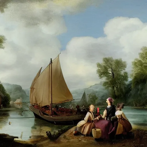 Image similar to cinnabun by jacob van ruisdael, by warren ellis, by charles spencelayh ultradetailed. the computer art of a group of well - dressed women & children enjoying a leisurely boat ride on a calm day. the women are chatting & laughing while the children play with a toy boat in the foreground.