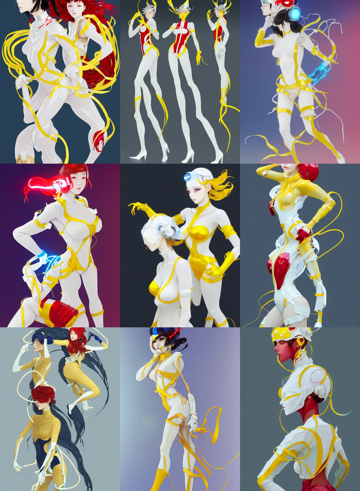 Prompt: a full body character design by loish, hong soonsang, tooth wu, zeen chin, wlop, makoto shinkai and alphonse mucha. white and yellow tape and red translucent plastic tape attctive showgirl!! sci - fi helmet with blue glowing eyes!! sharp edges. contour light!! ultra detailed, elegant, intricate, octane render.