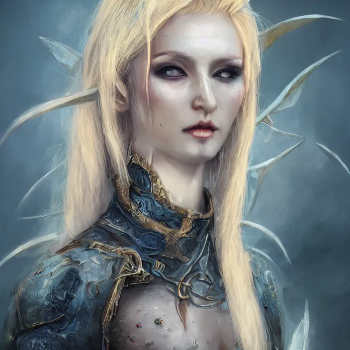 Prompt: blonde elvish empress, nuclear fashion, post apocalyptic, suave, beauty, hd, concept art, art station, digital art, by leng jun