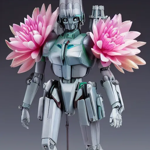 Image similar to futuristic nymphaea themed mecha waterlily upper body, sepals forming helmet, highly detailed, nymphaea, 8 k hd resolution, zeta gundam with floral inlay, bandai box art, star wars, makoto kobayashi, frank gehry, raymond swanland