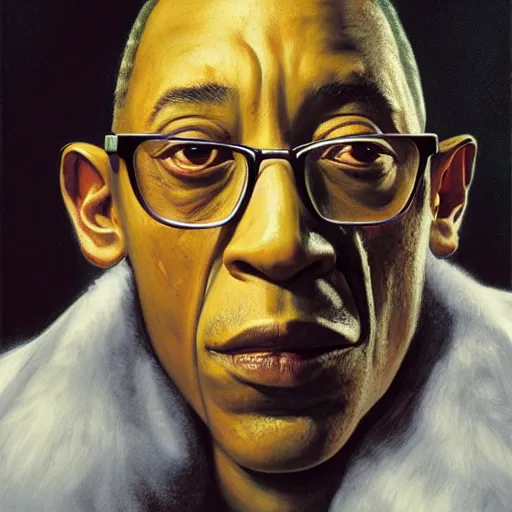 Image similar to Gus fring with half of his face blown up, gerald brom, photorealistic