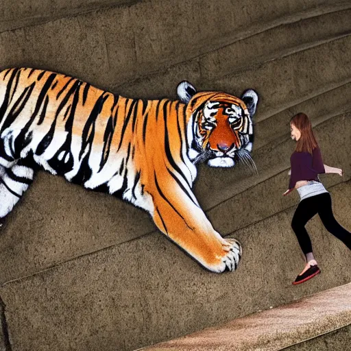 Prompt: a figure ties their shoelaces in a vast empty landscape on stairs next to a tiger catching a deer