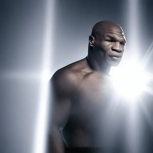 Image similar to a still of mike tyson, cinematic, 4 k, god rays through fog