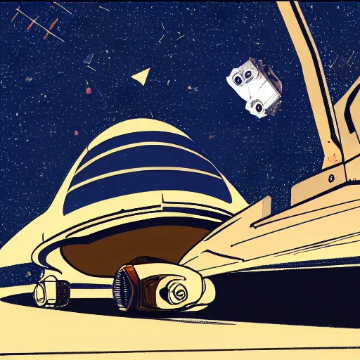 Image similar to damaged spaceship drifting in space, stars twinkle in the background, bleak digital illustration in the style of syd mead