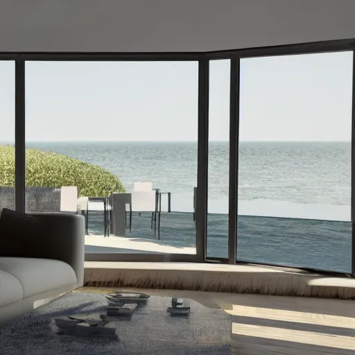 Prompt: modern luxury interior, living room with window facing the sea and sun, photorealistic, ultra - detailed, 4 k high resolution, hdr shot, unreal engine rendering 4 k