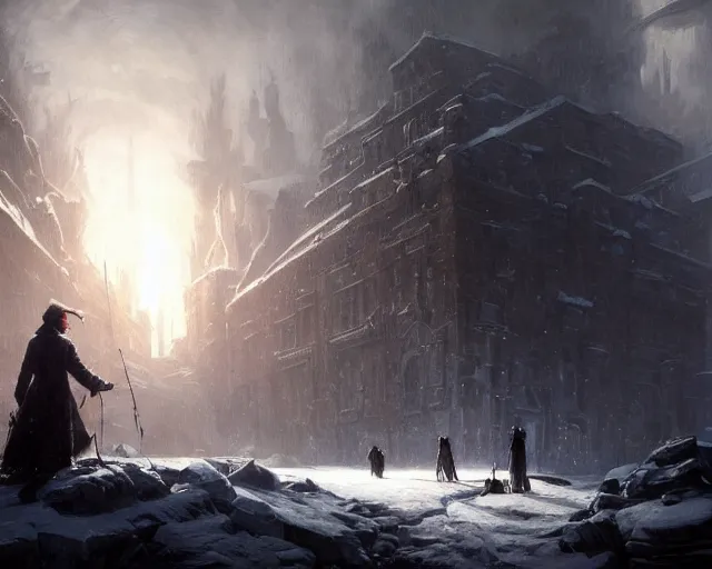 Prompt: frostpunk president of poland opens a dark portal. fantasy art by greg rutkowski, gustave courbet, rosa bonheur, edward hopper. faithfully depicted architecture, realistic, sharp focus, global illumination, radiant light, detailed and intricate environment, trending on artstation