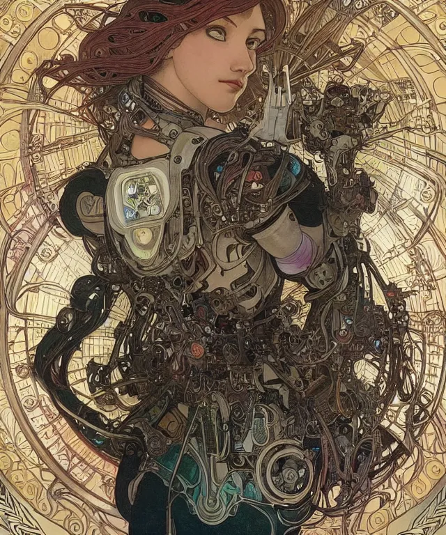 Prompt: realistic detailed portrait of a humanoid mecha cyberpunk! goddess by Alphonse Mucha and Charlie Bowater and art germ, rule of thirds, golden ratio, Art Nouveau! cyberpunk! style, mechanical accents!, mecha plate armor, flowing wires with leaves, art nouveau accents, art nouveau patterns and geometry, rich deep moody colors, portrait style with the subject in the middle of the frame