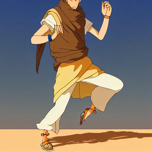 Image similar to a study of cell shaded cartoon of a monk dancing on a desert road, full body, wide shot, very muted colors, post grunge, studio ghibli, laurie greasley, highly detailed, deviantart, art by artgem