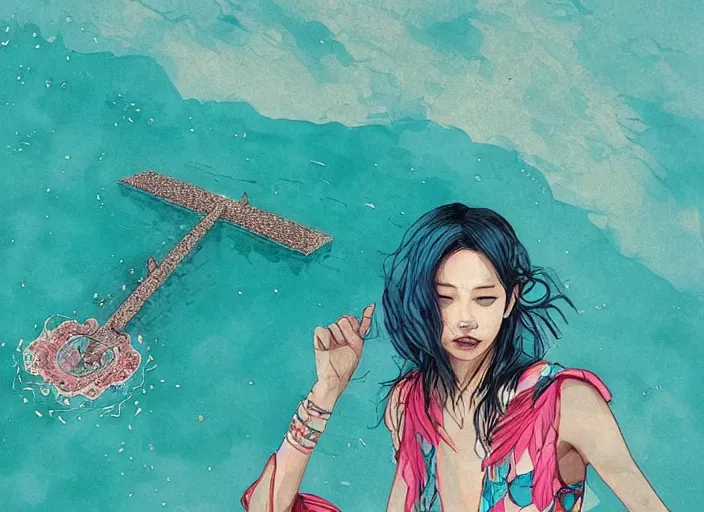 Image similar to lee jin - eun in luxurious dress emerging from turquoise water in egyptian pyramid city during an eclipse by conrad roset, m. k. kaluta, martine johanna, rule of thirds, elegant look, beautiful, chic, face anatomy, cute complexion