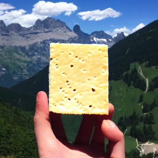 Image similar to i giant piece of swiss cheese in a beautiful mountainous landscape