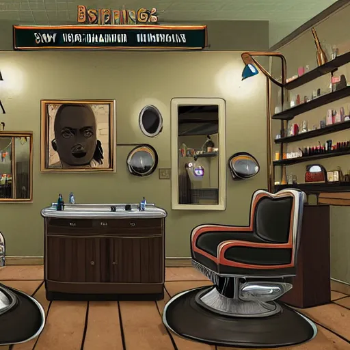 Prompt: A barbershop in Disco Elysium