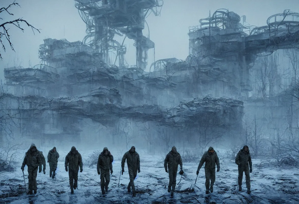 Image similar to chernobyl liquidators walking in postapocalyptic winter alien planet surface, 4 k, high quality, sharp focus, ultra high definition, ultra detailed, symmetry, fog, matte painting, by greg rutkowski and ross tran and wlop